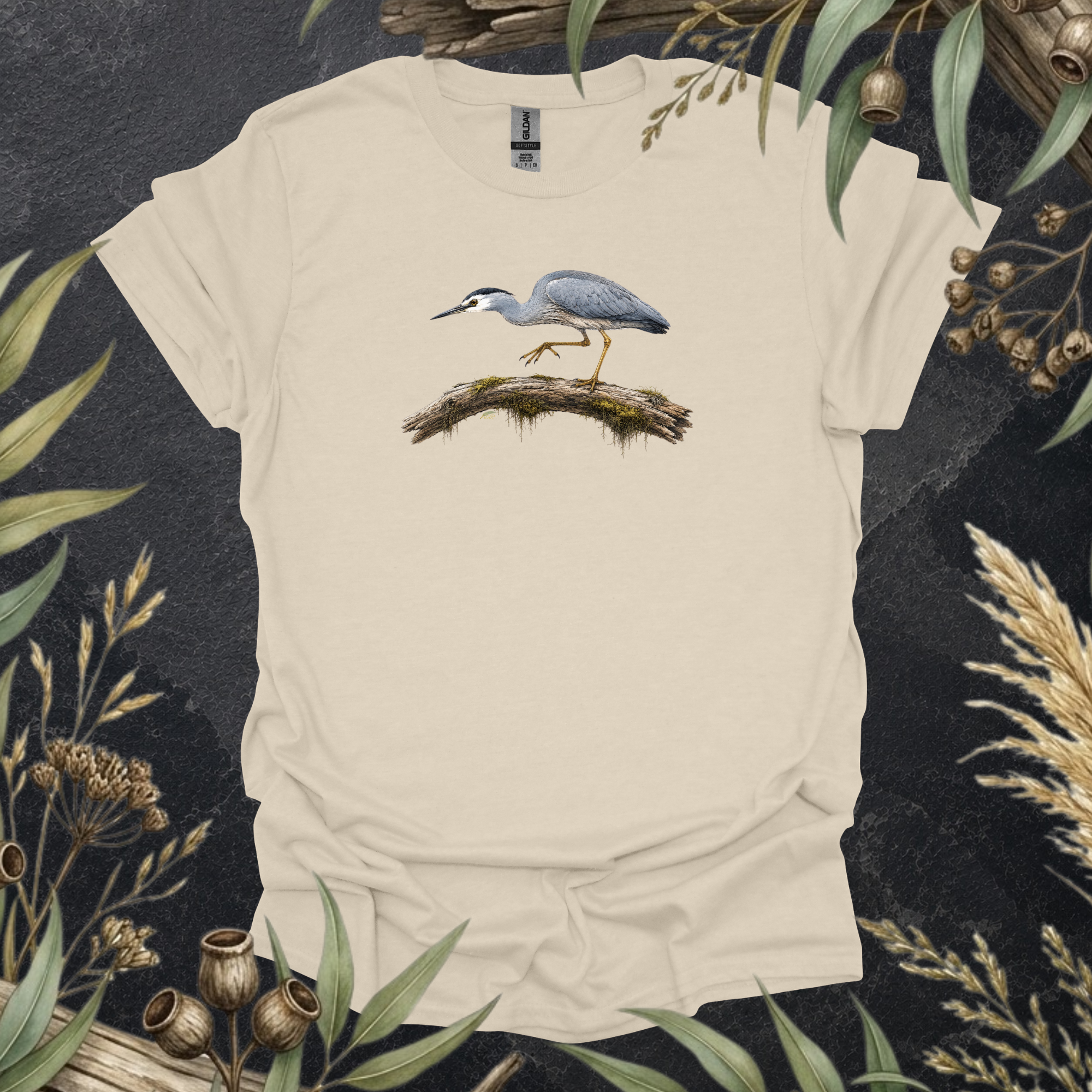 White-faced Heron | Australian Bird Unisex T-Shirt | Original Wildlife Art | Mildly Wild Club