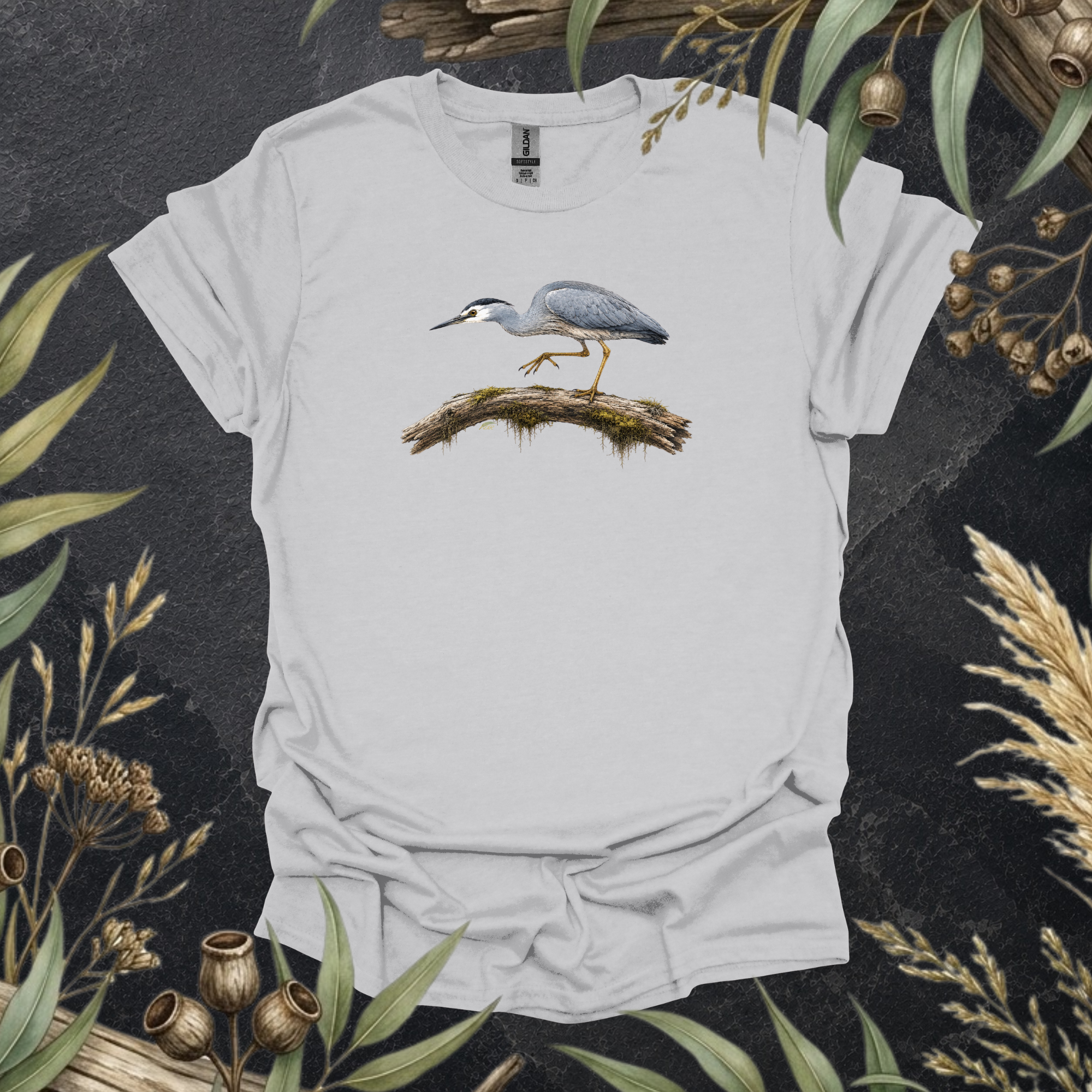 White-faced Heron | Australian Bird Unisex T-Shirt | Original Wildlife Art | Mildly Wild Club