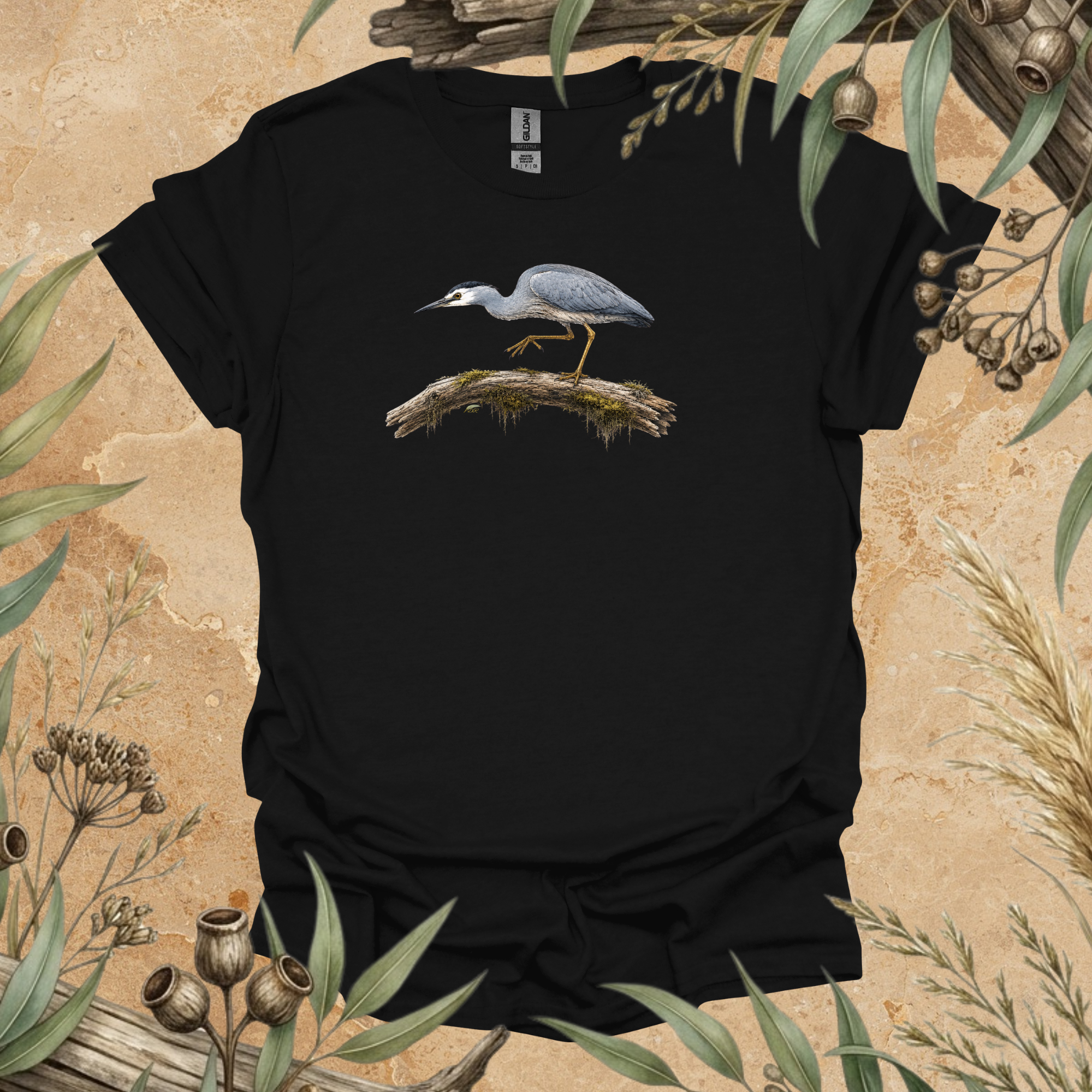 White-faced Heron | Australian Bird Unisex T-Shirt | Original Wildlife Art | Mildly Wild Club