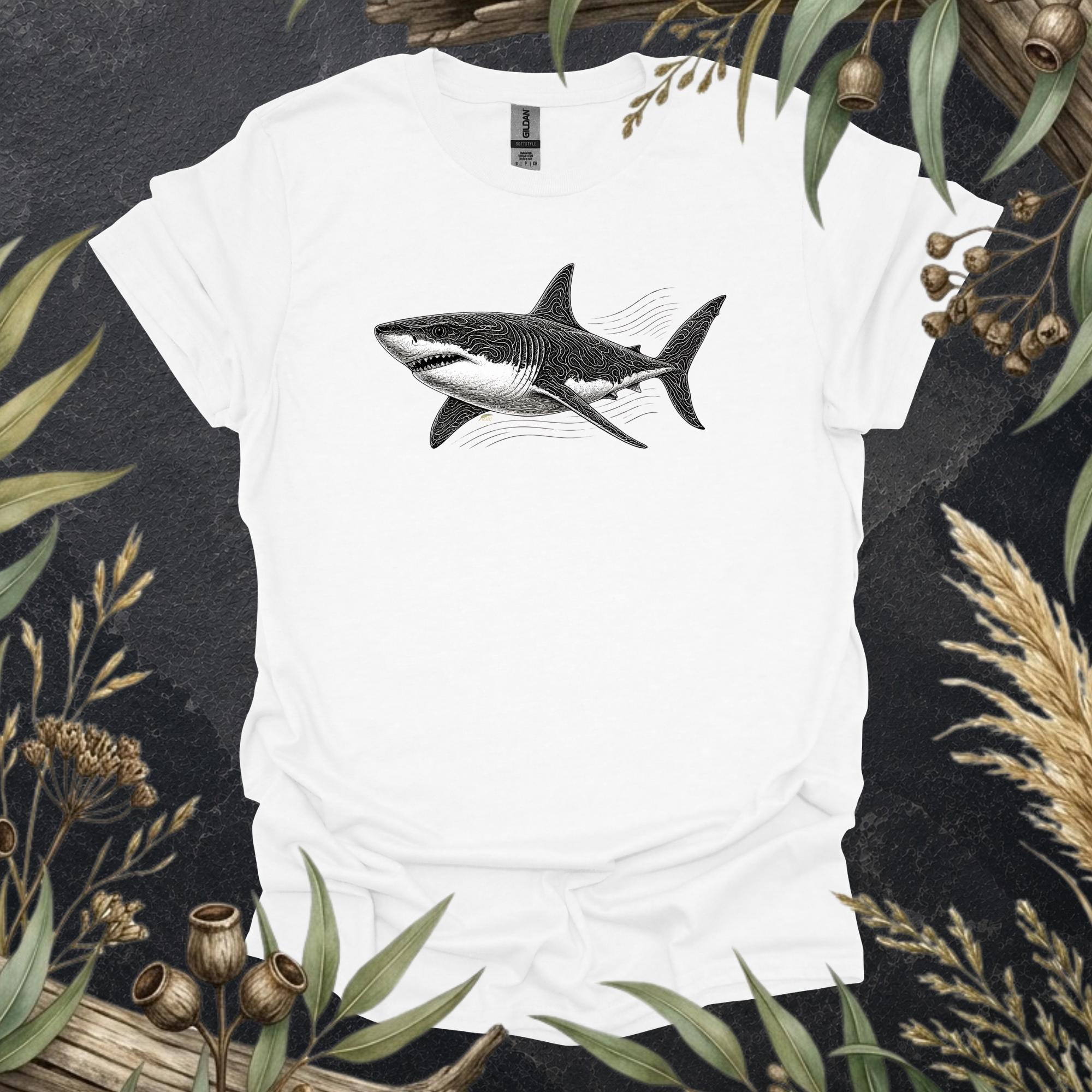 Great White Shark | Contour Art Unisex T-Shirt | Ocean Wildlife Apparel | Mildly Wild Club