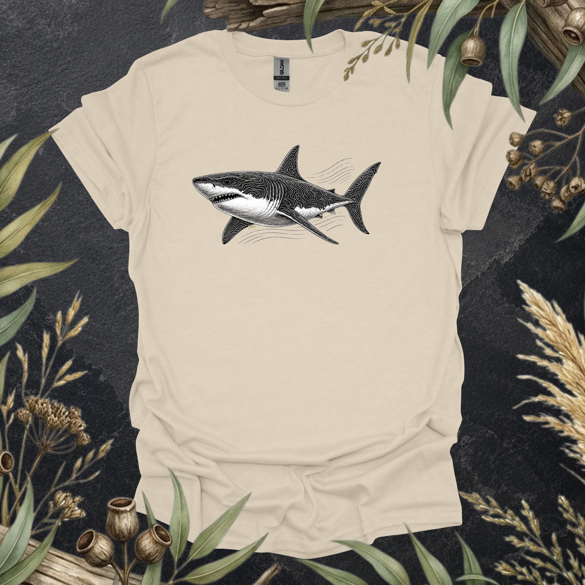 Great White Shark | Contour Art Unisex T-Shirt | Ocean Wildlife Apparel | Mildly Wild Club
